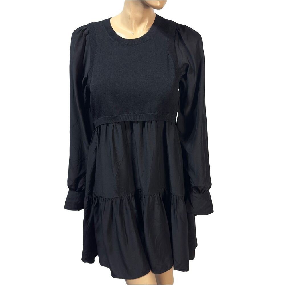 Cinq à Sept Presley Tiered Silk Dress Black Luxury Women’s Size M Long Sleeve